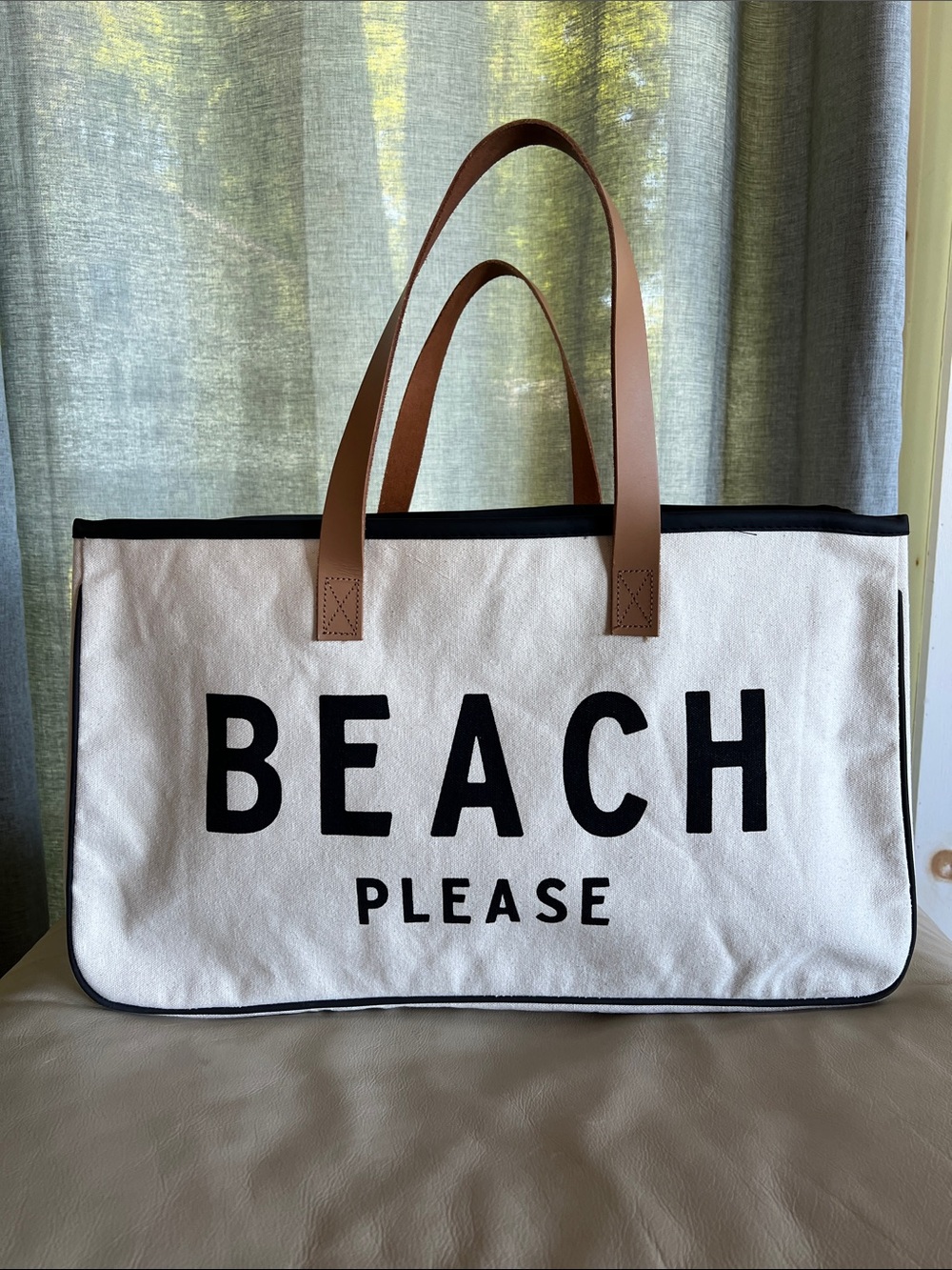 BEACH PLEASE Canvas Tote Bag with Brown Handles